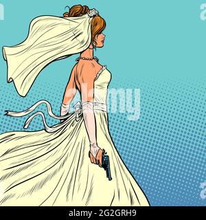 Schöne Braut in einem Hochzeitskleid und einem Gewehr Stock Vektor