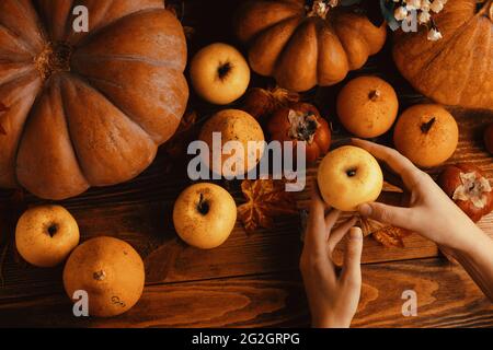 Hintergrund von Kürbissen, Äpfeln und Kaki. Herbsternte auf einem Holztisch. Gemüse und Obst in den Händen. Das Konzept der Danksagung, Erntefest. Stockfoto