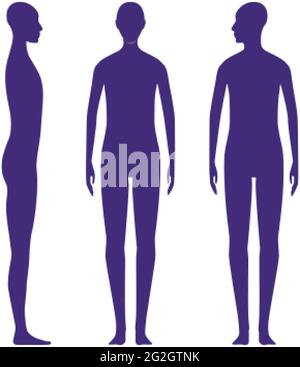 Vorder- und Seitenansicht menschliche Körpersilhouette eines neutralen Geschlechts eines Erwachsenen. Schatten einer stehenden x-geschlechtlichen Person mit einem Kopf, der zur Schulter gedreht ist Stock Vektor