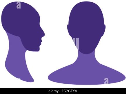 Geschlechtsspezifisch neutrale Front- und Seitenansicht Profilavatar-Silhouette mit hervorgehobendem Schädel- und Kinnbereich Stock Vektor