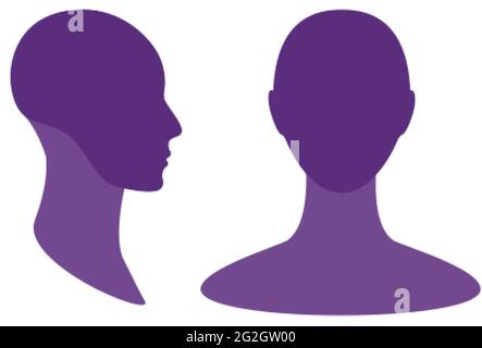 Geschlechtsspezifisch neutrale Front- und Seitenansicht Profilavatar-Silhouette mit hervorgehobendem Schädel- und Kinnbereich Stock Vektor