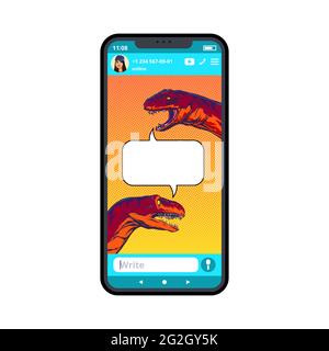 Humorvolle Zeichnung von Dinosaurier-Dialog auf dem Smartphone im Pop-Art-Stil .Vektor-Illustration. Stock Vektor