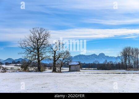 Deutschland, Bayern, Oberbayern, Bezirk Rosenheim, Tuntenhausen, Fischbach, Blick über das Glonntal zum Wendelsteinmassiv Stockfoto