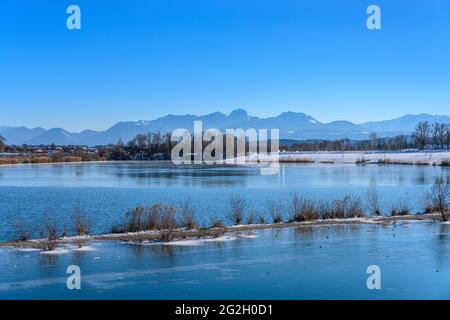 Deutschland, Bayern, Oberbayern, Bezirk Rosenheim, Markt Bruckmühl, Bezirk Höglinger Weiher gegen Wendelstein-Massiv Stockfoto