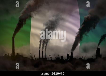 Starker Rauch von Fabrikrohren auf Nigeria-Flagge - Konzept der globalen Erwärmung, Hintergrund mit Platz für Ihr Logo - industrielle 3D-Illustration Stockfoto