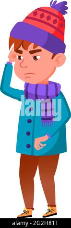 Krankheit Junge in warmer Kleidung hat Kopfschmerzen Cartoon Vektor Stock Vektor