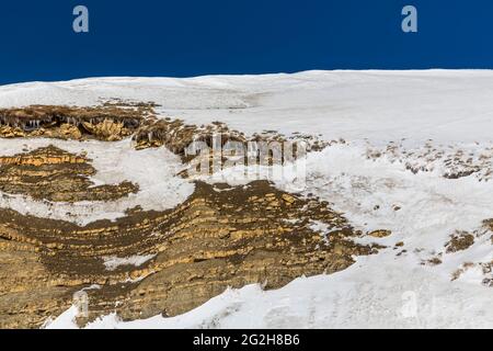 Felsschichten und Eiszapfen auf den Bergen, Sellajoch, Sellaronda, Südtirol, Südtirol, Dolomiten, Italien, Europa Stockfoto