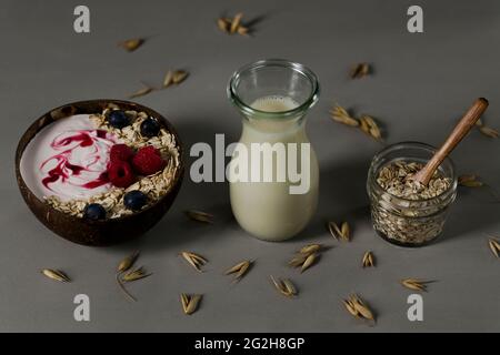 Hafermilch, Schüssel, Karaffe, Einmachglas, Löffel Stockfoto