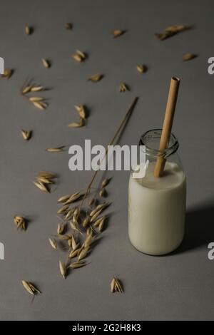Hafermilch, Milchflasche, Trinkhalm, Ähren von Weizen Stockfoto