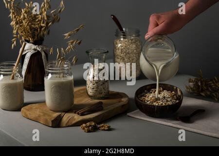 Hafermilch, Gießen, Müsli, Walnüsse, Haferflocken, Einmachgläser, Karaffe, Ähren von Weizen Stockfoto