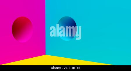 Zimmer mit blauen und pinken Wänden mit Löchern und gelbem Boden Hintergrund, 90er Pop Art hell minimal modernes Konzept, 3D-Illustration Stockfoto