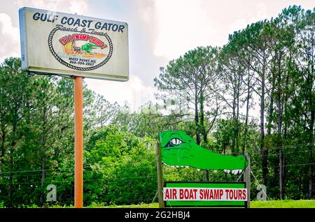 Das Gulf Coast Gator Ranch and Tours Schild zeigt einen Alligator, der am 9. Juni 2021 in Moss Point, Mississippi, ein Luftschiff fährt. Stockfoto