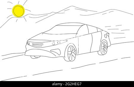 Minimalistische Linienzeichnung eines Autos, das auf einer Bergstraße unter einer hellen Sonne fährt Stock Vektor