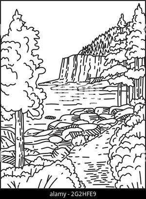 Monolinie Illustration von Otter Cliff entlang der North Atlantic Seaboard im Acadia National Park Maine, Vereinigte Staaten von Amerika im Retro-Stil Stock Vektor
