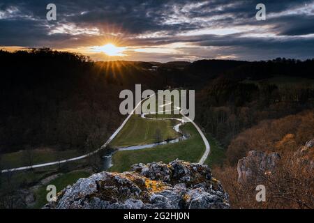 Sonnenuntergang in Lautertal, große lauter, Fluss, Schwäbische Alb, Baden-Württemberg, Deutschland, Europa Stockfoto