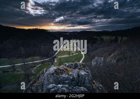 Sonnenuntergang in Lautertal, große lauter, Fluss, Schwäbische Alb, Baden-Württemberg, Deutschland, Europa Stockfoto