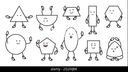 Süße Umrisse geometrische Formen mit lächelndem Ausdruck. Einstellen von Symbolen Einfache mathematische Grundformen mit Augen und Händen. Quadrat und Kreis, Ellipse und Dreieck. Lernmaterial. Isolierte Vektordarstellung Stock Vektor