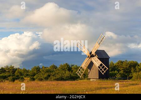 Postmühle in Öja, Abendlicht, in der Nähe von Burgsvik im Süden von Gotland, Schweden, Gotlandinsel Stockfoto