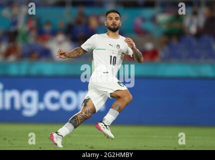 Rom, Italien. Juni 2021. Der Italiener Lorenzo Insigne reagiert während des Gruppengleichs ZWISCHEN der Türkei und Italien auf die UEFA EURO 2020 in Rom, Italien, am 11. Juni 2021. Quelle: Cheng Tingting/Xinhua/Alamy Live News Stockfoto