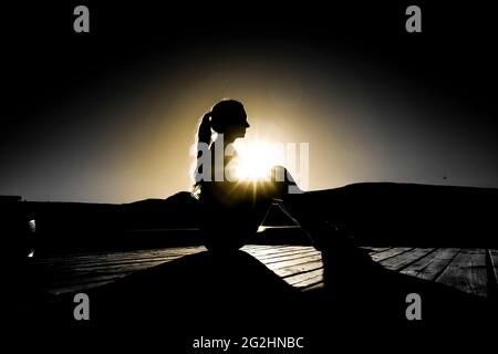 Silhouette einer sitzenden Frau mit Pferdeschwänzen im Hintergrund Stockfoto