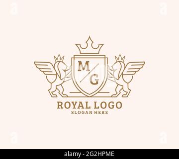 MG Buchstabe Lion Royal Luxury heraldic, Crest Logo Vorlage in Vektorgrafik für Restaurant, Royalty, Boutique, Cafe, Hotel, Heraldik, Schmuck, Mode und Stock Vektor