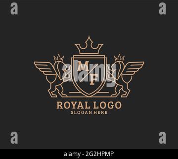 MF Letter Lion Royal Luxury heraldic, Crest Logo Vorlage in Vektorgrafik für Restaurant, Royalty, Boutique, Cafe, Hotel, Heraldik, Schmuck, Mode und Stock Vektor