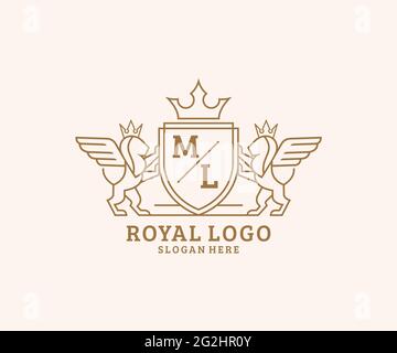 ML Buchstabe Lion Royal Luxury heraldic, Crest Logo Vorlage in Vektorgrafik für Restaurant, Royalty, Boutique, Cafe, Hotel, Heraldik, Schmuck, Mode und Stock Vektor