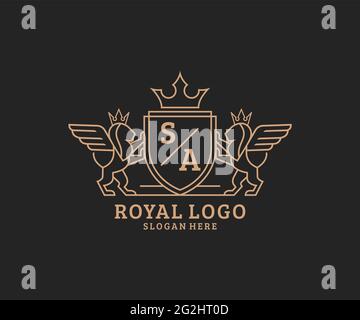 SA Buchstabe Lion Royal Luxury heraldic, Crest-Logo-Vorlage in Vektorgrafik für Restaurant, Lizenzgebühren, Boutique, Café, Hotel, Heraldik, Schmuck, Mode und Stock Vektor
