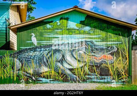 Das Gebäude der Gulf Coast Gator Ranch and Tours zeigt ein Wandgemälde mit Alligatoren, 9. Juni 2021, in Moss Point, Mississippi. Stockfoto