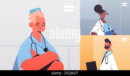 Ärzte in Web-Browser-Fenster diskutieren während der Videokonferenz Medizin Gesundheitswesen Online-Kommunikation Stock Vektor
