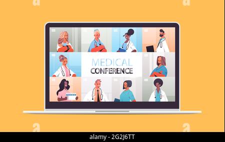 Mix Rennärzte auf Laptop-Bildschirm mit medizinischen Videokonferenz Medizin Gesundheitswesen Online-Kommunikation Stock Vektor