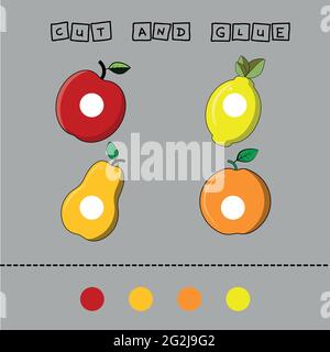 Die Entwicklung einer Aktivität für Kinder, die Aufgabe ist es, schneiden und kleben Sie ein Stück auf die Frucht von Orange, Appls, Banane, Limnon, Birne. Logikspiel für Kinder. Stock Vektor