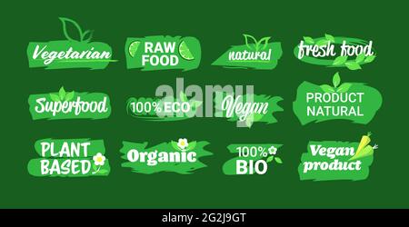 Set Bio natürliche Produkt Aufkleber Bio gesund vegan Markt Logo frische Lebensmittel Embleme Kollektion Abzeichen Design horizontal Stock Vektor