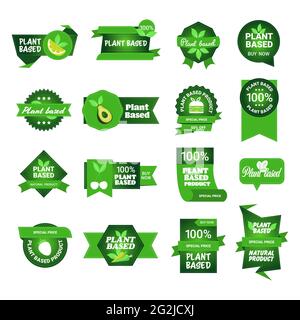 Set pflanzliche Naturprodukt Aufkleber Bio gesund vegan Markt Logos frische Lebensmittel Embleme Abzeichen Sammlung Design flach Stock Vektor