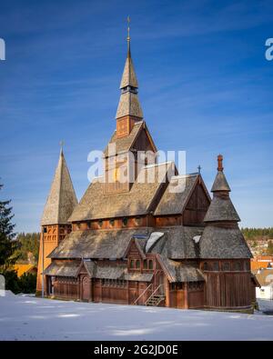 Gustav Adolf Stabkirche in Hahnenklee, Deutschland im Winter Stockfoto