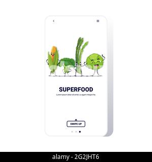 Niedliche frischen Maiskohl Spargel und Kohl Zeichen stehen zusammen leckere Maskottchen Gemüse Persönlichkeiten gesunde Ernährung Konzept Smartphone-Bildschirm Stock Vektor
