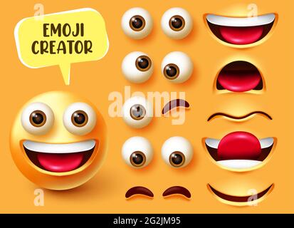 Emoji Creator Vektorset-Design. Smiley 3d-Zeichensatz mit editierbaren Gesichts-Elementen wie Augen und Mund für Emojis-Gesichtsausdruck-Design. Stock Vektor