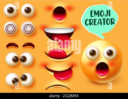 Emoji Creator Vektor Smiley gesetzt. Emojis 3d-Zeichensatz in Mimik überrascht mit editierbaren Gesichtselementen wie Augen und Mund für Smiley. Stock Vektor