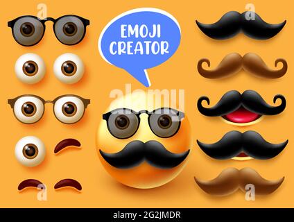 Emoji männlich Schöpfer Vektor-Set. Smiley 3d Mann-Charakterset mit Gesichtselementen wie Augen Mund und Schnurrbart für Emoticon Mimik Kollektion. Stock Vektor