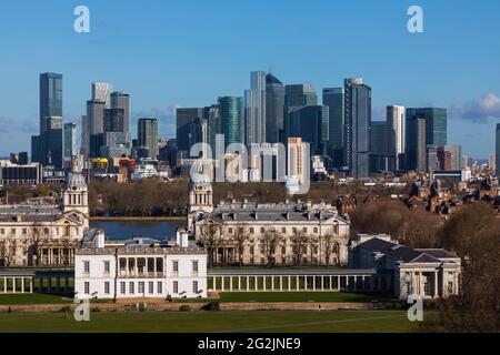 England, London, Greenwich, Canary Wharf Skyline Blick vom Greenwich Park Stockfoto