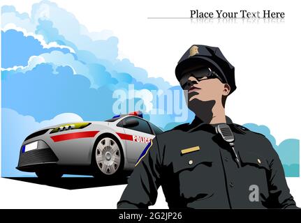 Polizeiauto und Polizist mit Funkgerät. Vektor-3d-Illustration Stock Vektor