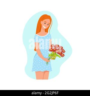 Mädchen mit einem Blumenstrauß in den Händen, eine junge Frau in einem blauen Kleid und roten Haaren, ein glücklicher Mann. Vektor-Charakter im flachen Stil, Cartoon Stock Vektor