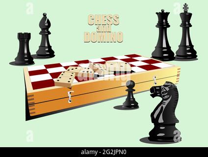 Schachfiguren und Schachbrett mit Domino. 3d-Vektor-Farbdarstellung Stock Vektor