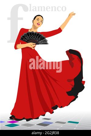Schöne junge Frau, die Flamenco tanzt. Vektor-3d-Illustration Stock Vektor