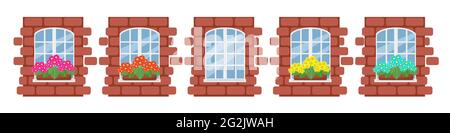 Weißes Fenster mit Blumen auf der Fensterbank, Fragment einer Ziegelwand mit einem Fensterset, Vektorobjekte isoliert, Cartoon Stock Vektor