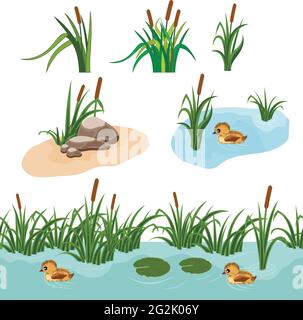 Set von Landschaftselementen, um Garten- oder Waldszene für Spiel Asset oder Cartoon zu erstellen. Vektordarstellung, isolierte Elemente. Stock Vektor
