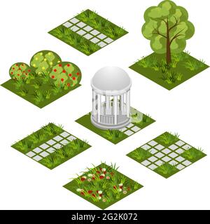 Garten isometrisches Fliesenset. Isolierte isometrische Fliesen zur Gestaltung der Gartenlandschaft. Cartoon- oder Spielanlage mit Gras, Bäumen, Blumen, gepflasterten Spaziergängen, Stock Vektor