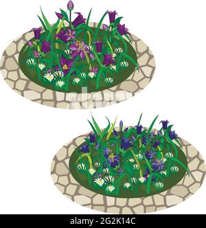 Set von Blumen im Gras für die Gartenszene zu schaffen. Glockenblumen und Kamillen in Blumenbeeten. Kann als Cartoon- oder Spielanlage verwendet werden. Isoliert Stock Vektor