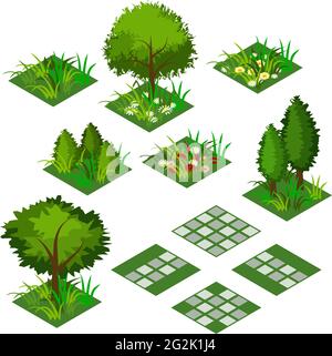 Garten oder Bauernhof isometrisches Fliesenset. Isolierte isometrische Fliesen mit Gras, Blumen, Sträuchern und Bäumen, um die Gartenlandschaft zu gestalten. Verwendung in Cartoon oder Stock Vektor