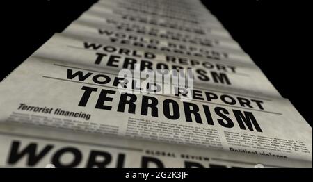 Bericht über Terrorismus und politische Gewalt in der Welt. Zeitungsdruck. Abstraktes Konzept der Vintage-Presse. Retro-3d-Rendering-Illustration. Stockfoto